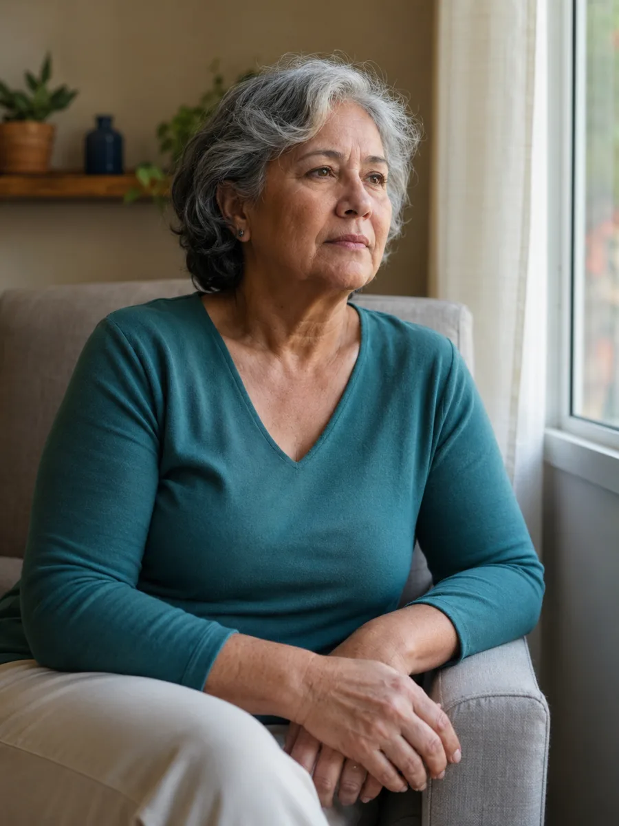 Mulher 50+ pensativa perto da janela